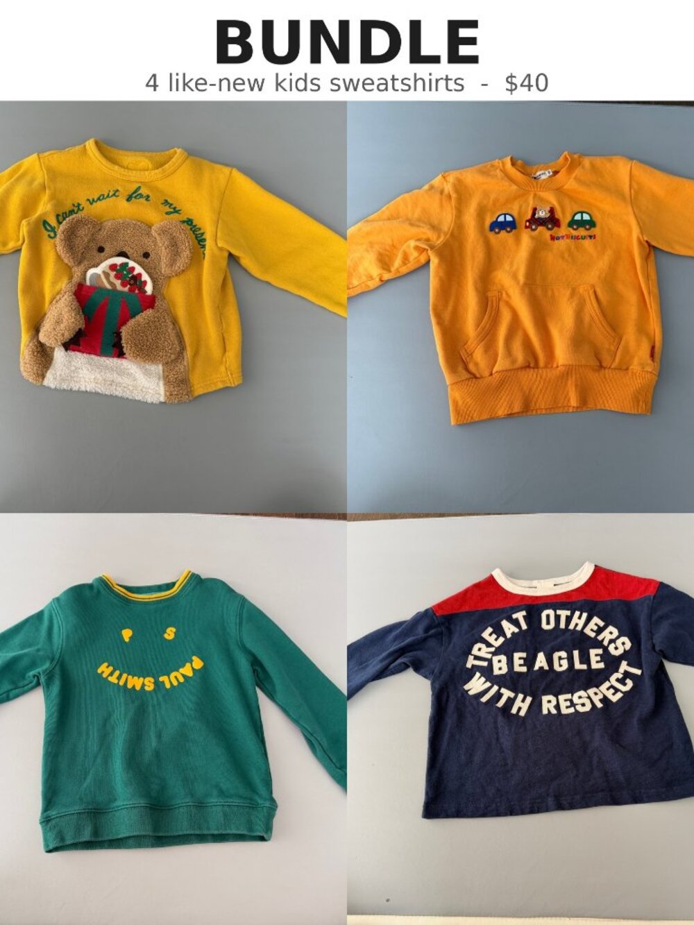 Kids Sweatshirt Bundle of 4, Hot Biscuits, Paul Smith Jr, Snoopy, Like New